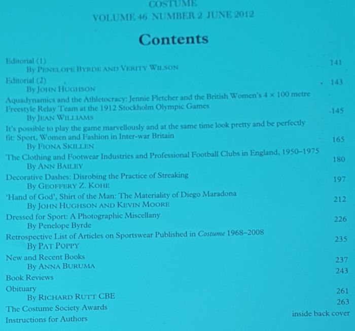 Costume: the Journal of the Costume Society. Vol.46 No.2 June 2012. A volume for the London Olympics