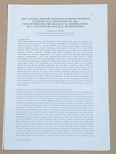 The Natural History Element of Henry Power's 'Experimental Philosophy' of 1664 : reflections on the biological observations of a 17th century Halifax microscopist