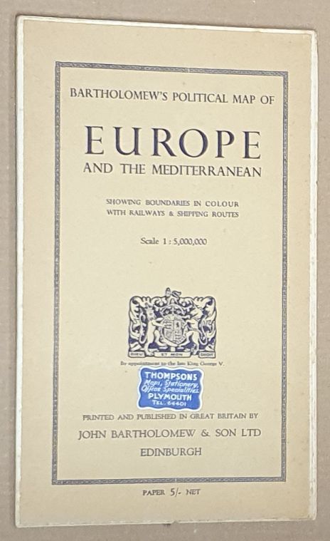 Bartholomew's Political Map of Europe and the Mediterranean, showing boundaries in colour with railways & shipping routes. Scale 1:5,000,000