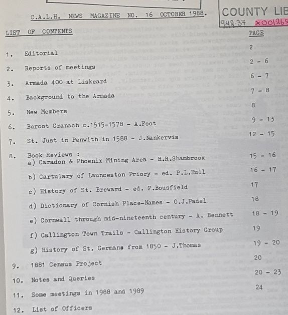 Cornwall Association of Local Historians News Magazine, No. 16, October 1989