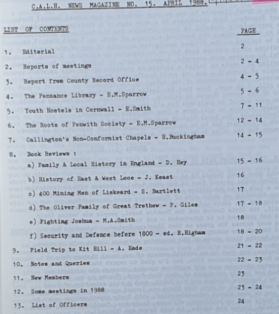 Cornwall Association of Local Historians News Magazine, No. 15, October 1988