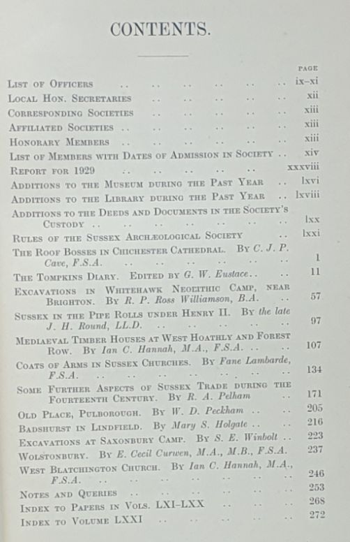 Sussex Archaeological Collections Voliume LXXI (71), 1930