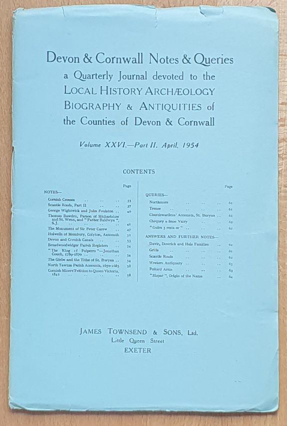 Devon and Cornwall Notes & Queries volume XXVI, Part II, April 1954