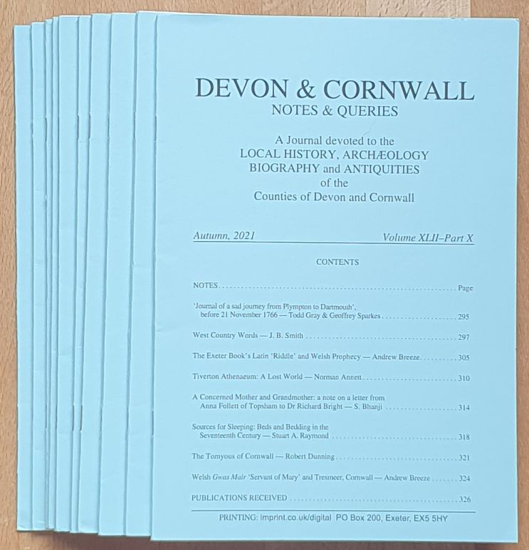 Devon and Cornwall Notes & Queries volume XLII, Spring 2017 - Autumn 2021 [9 volumes, Spring 2018 MISSING] plus Index
