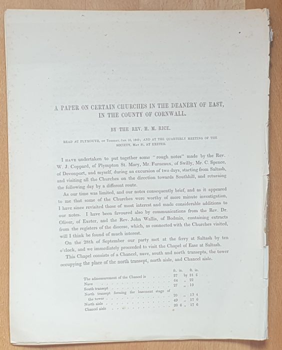 A Paper on Certain Churches in the Deanery of East, in the County of Cornwall