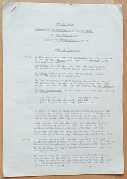 City of Truro Ceremony for the Extension of the Freedom Rights to the Light Infantry, Sunday 7th October 1979 at 2.15 pm. Order of Proceedings