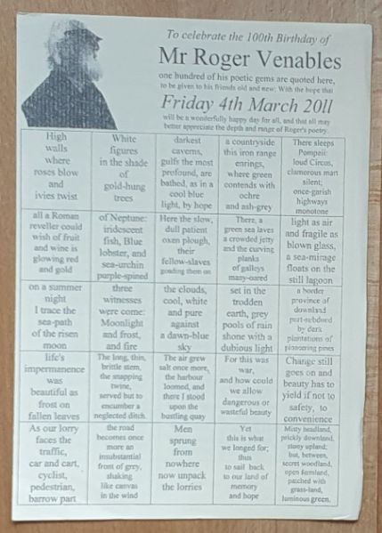 To celebrate the 100th Birthday of Mr John Venables one hundred of his poeticg ems are quoted here .