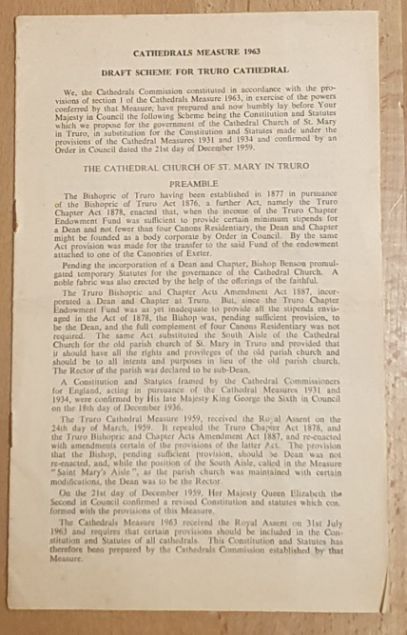 Draft Scheme for Truro Cathedral [Formed in response to the Cathedrals Measure of 1963]