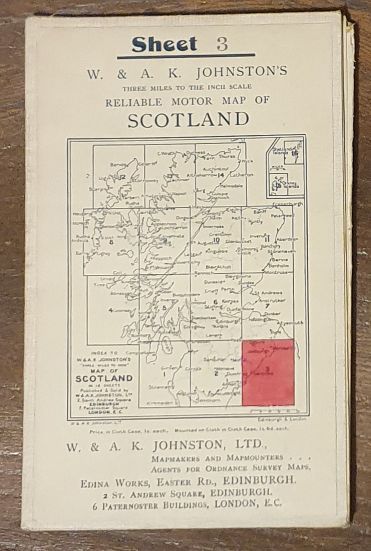 W & A K Johnston's 'Three Miles to Inch' Map of Scotland. Sheet 3 [Roxburghshire] (Cover title: W & A K Johnston's Three Miles to the Inch Scale Reliable Motor Map of Scotland)