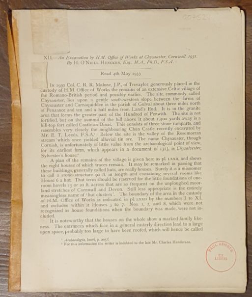 An Excavation by H.M. Office of Works at Chysauster, Cornwall, 1931