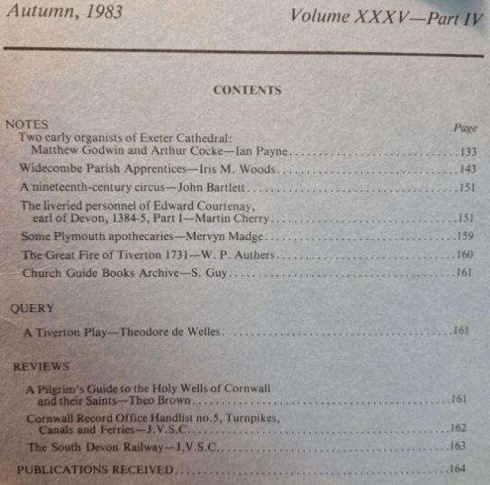 Devon and Cornwall Notes & Queries volume XXXV, Part IV, Autumn 1983