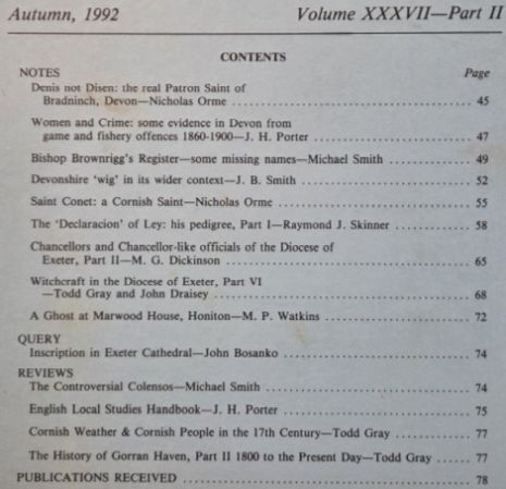 Devon and Cornwall Notes & Queries volume XXXVII, Part II, Autumn 1992