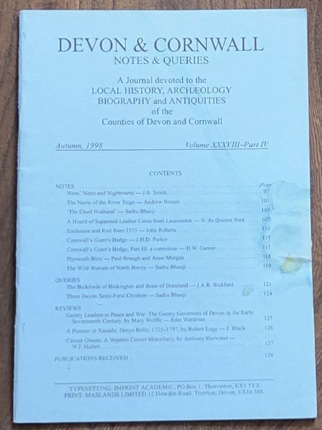 Devon and Cornwall Notes & Queries volume XXXVIII, Part IV, Autumn 1998
