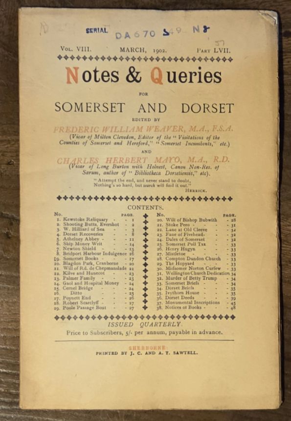 Image for Notes & Queries for Somerset and Dorset, March 1902 Vol.VIII Part LVII Notes & Queries for Somerset and Dorset, March 1902 Vol.VIII Part LVII