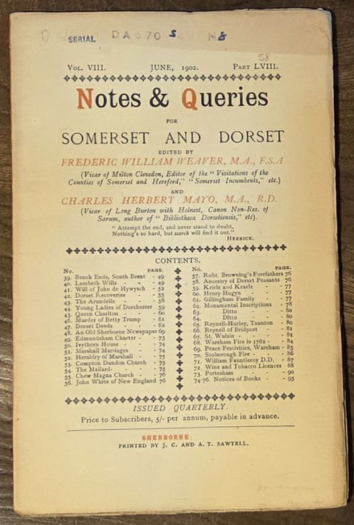 Image for Notes & Queries for Somerset and Dorset, June 1902 Vol.VIII Part LVIII Notes & Queries for Somerset and Dorset, June 1902 Vol.VIII Part LVIII