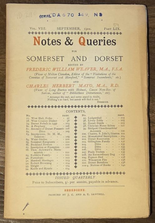 Image for Notes & Queries for Somerset and Dorset, September 1902 Vol.VIII Part LIX Notes & Queries for Somerset and Dorset, September 1902 Vol.VIII Part LIX