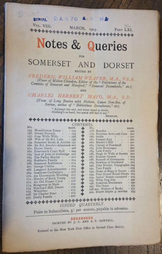 Image for Notes & Queries for Somerset and Dorset, March 1903 Vol.VIII Part LXI Notes & Queries for Somerset and Dorset, March 1903 Vol.VIII Part LXI