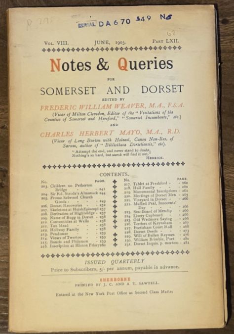 Image for Notes & Queries for Somerset and Dorset, June 1903 Vol.VIII Part LXII Notes & Queries for Somerset and Dorset, June 1903 Vol.VIII Part LXII