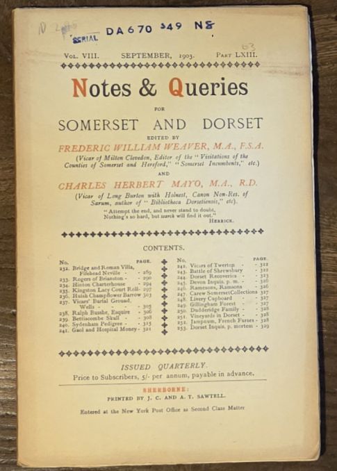 Image for Notes & Queries for Somerset and Dorset, September 1903 Vol.VIII Part LXIII Notes & Queries for Somerset and Dorset, September 1903 Vol.VIII Part LXIII