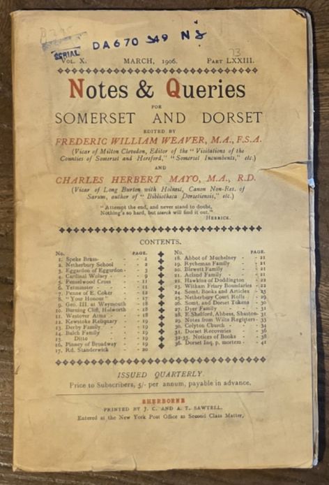 Image for Notes & Queries for Somerset and Dorset, March 1906 Vol.X Part LXIII Notes & Queries for Somerset and Dorset, March 1906 Vol.X Part LXIII