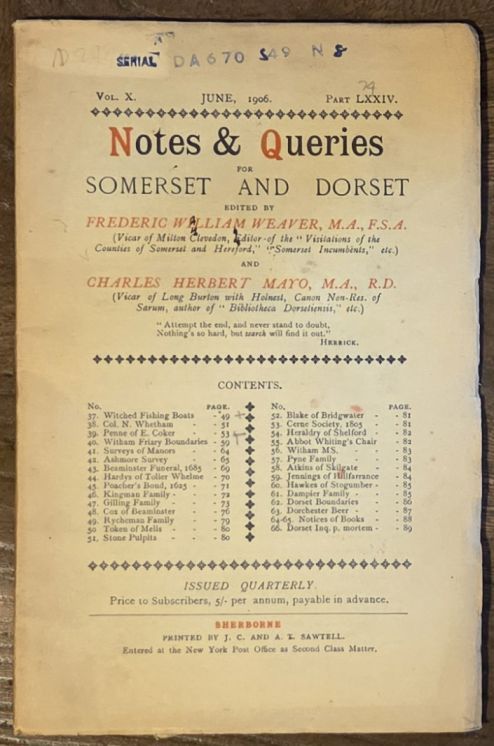 Image for Notes & Queries for Somerset and Dorset, June 1906 Vol.X Part LXXIV Notes & Queries for Somerset and Dorset, June 1906 Vol.X Part LXXIV