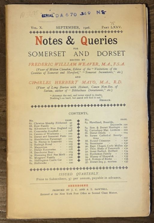 Image for Notes & Queries for Somerset and Dorset, September 1906 Vol.X Part LXXV Notes & Queries for Somerset and Dorset, September 1906 Vol.X Part LXXV