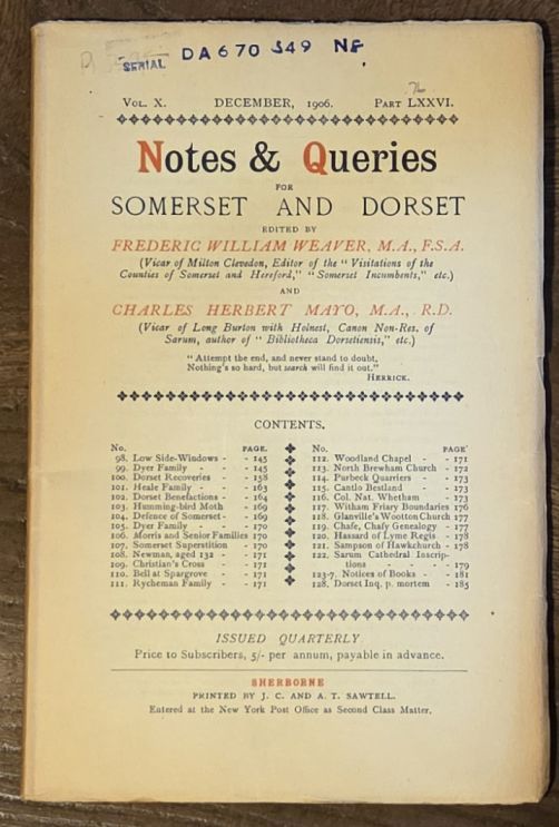 Image for Notes & Queries for Somerset and Dorset, December 1906 Vol.X Part LXXVI Notes & Queries for Somerset and Dorset, December 1906 Vol.X Part LXXVI