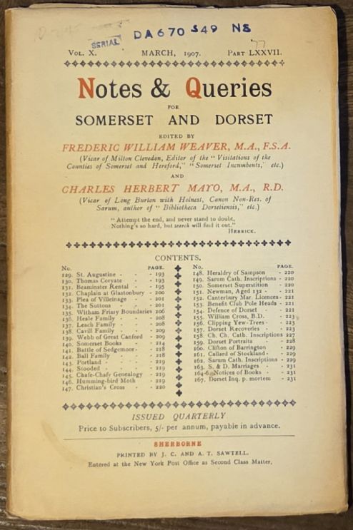 Image for Notes & Queries for Somerset and Dorset, March 1907 Vol.X Part LXXVII Notes & Queries for Somerset and Dorset, March 1907 Vol.X Part LXXVII