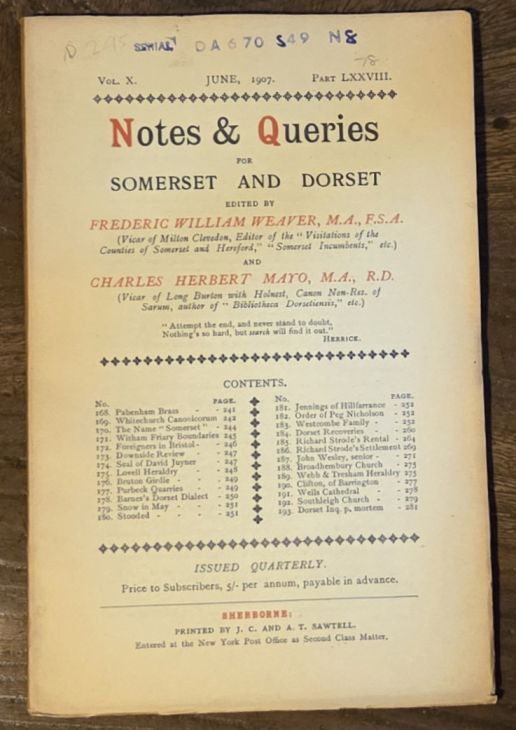 Image for Notes & Queries for Somerset and Dorset, June 1907 Vol.X Part LXXVIII Notes & Queries for Somerset and Dorset, June 1907 Vol.X Part LXXVIII