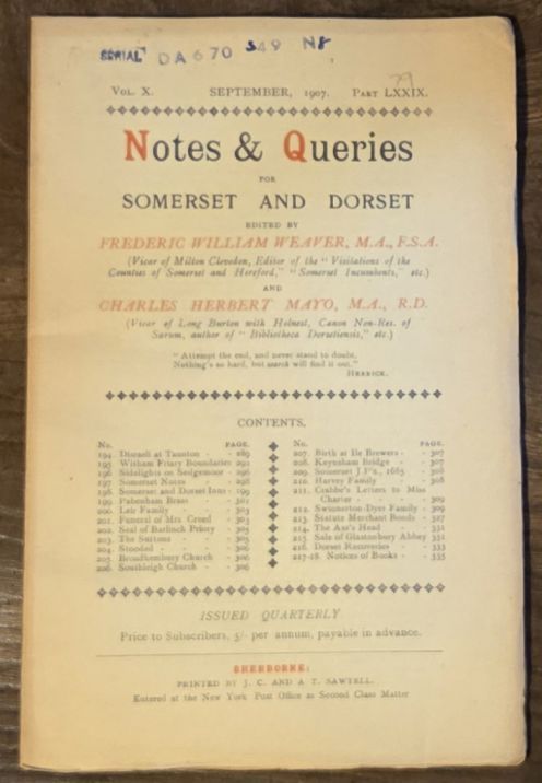 Image for Notes & Queries for Somerset and Dorset, September 1907 Vol.X Part LXXIX Notes & Queries for Somerset and Dorset, September 1907 Vol.X Part LXXIX