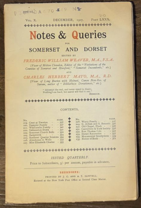 Image for Notes & Queries for Somerset and Dorset, December 1907 Vol.X Part LXXX Notes & Queries for Somerset and Dorset, December 1907 Vol.X Part LXXX