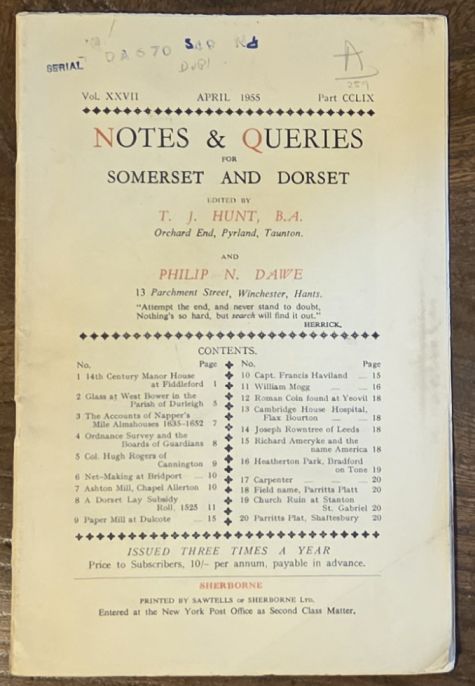 Image for Notes & Queries for Somerset and Dorset, April 1955 Vol.XXVII Part CCLIX Notes & Queries for Somerset and Dorset, April 1955 Vol.XXVII Part CCLIX