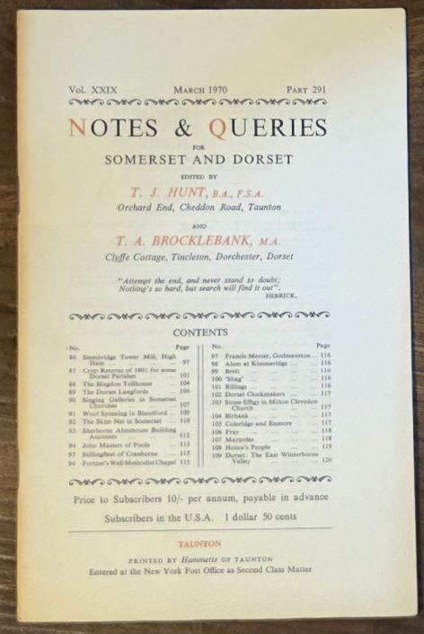 Image for Notes & Queries for Somerset and Dorset, March 1970 Vol.XXIX Part 291 Notes & Queries for Somerset and Dorset, March 1970 Vol.XXIX Part 291