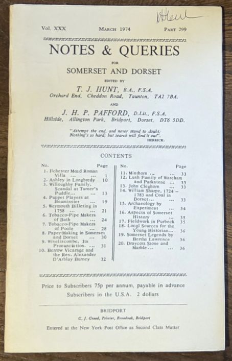 Image for Notes & Queries for Somerset and Dorset, March 1974 Vol.XXX Part 299 Notes & Queries for Somerset and Dorset, March 1974 Vol.XXX Part 299